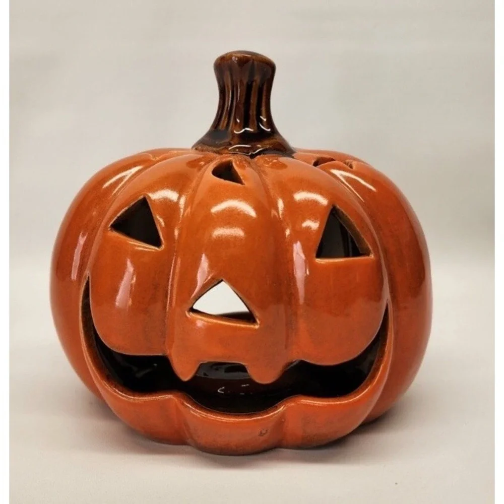 Ceramic Halloween Pumpkin Jack O Lantern Tealight Votive Candleholder